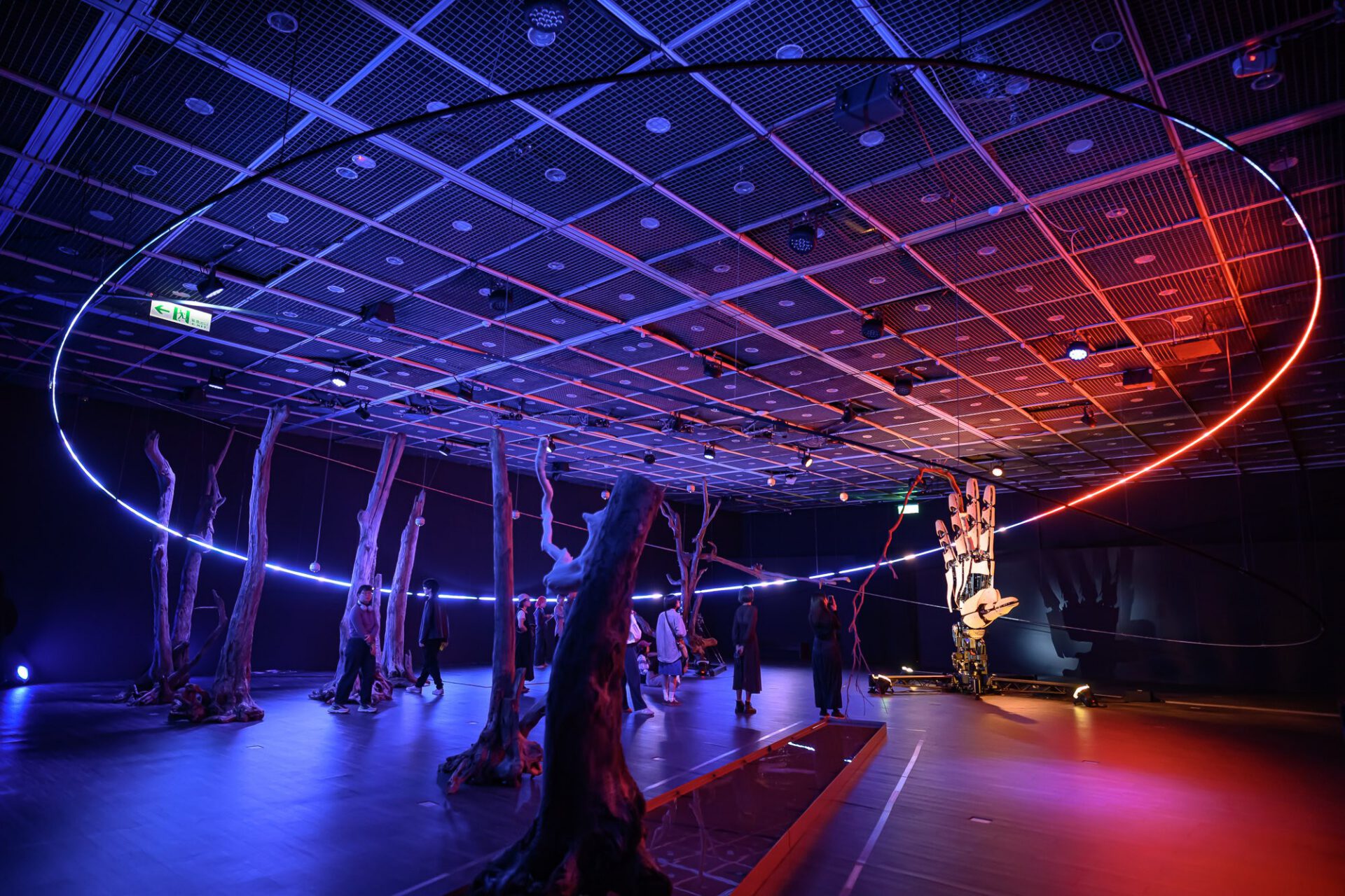 Installation illuminated in blue and red, with tree trunks beneath curved overhead light.