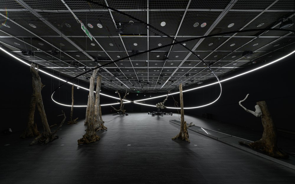 Wide installation view with tree trunks, a mechanical hand and curved white light in a dark room.